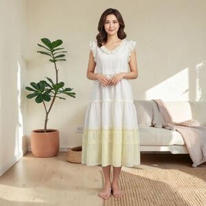 Pale yellow Upcycled shabby chic eyelet Boho Prairie dress with 3 tiers, size M